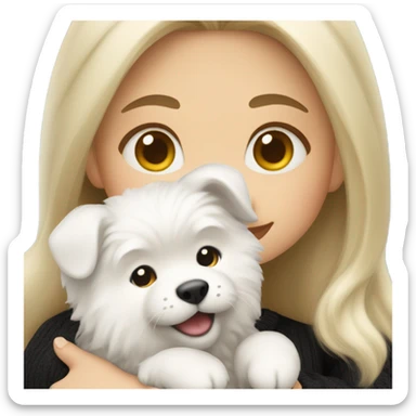 blonde girl with long hair in a black sweater holds a Samoyed puppy in her arms sticker