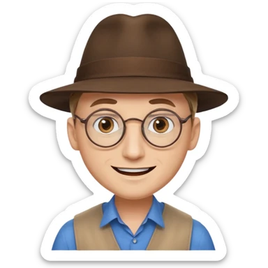A man with sharp and thin face, brown round glasses, a brown hat and a brown costume with beige chemise  (no blue shirt) (shoulders only), the man has blue eyes and a large smile on his face and menacing eyes. sticker