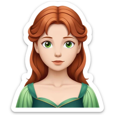 Cinematic Serene Sleeping Beauty Portrait Emoji, rendered in a simplified vector style. Depict a gentle Aurora (chest and above) with fair, glowing skin and softly cascading auburn hair, her expression calm and reflective, dressed in her timeless attire. The image exudes a soft, warm radiance with high shine and a subtle glowing outline. sticker