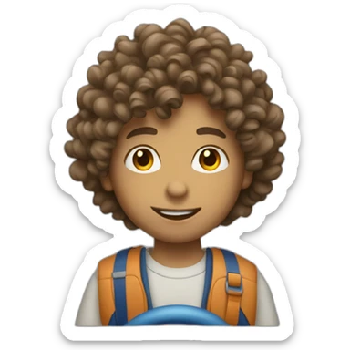 a boy with long curly hair driving a car sticker