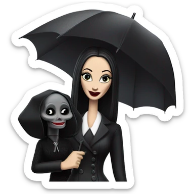 Fun Morticia Addams at a rainy funeral holding umbrella. funeral mask,gloves, small purse.Gal on the Go Barbie  sticker