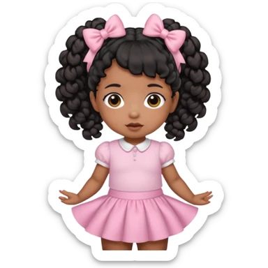 a brown skin baby with curly hair and a baby pink skirt and baby pink bows with her hair in pigtails and black hair sticker