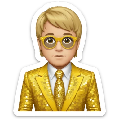 Elton John with dark blonde hair, yellow sequin suit sticker