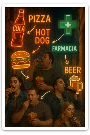Realistic, vertical scene: a city street filled with bright, enticing advertisements for junk food and alcohol. In the foreground, people indulge in unhealthy foods and drinks, while in the background, a large pharmacy sign glows, and a line of people waits to buy medicine. Subtle arrows or visual cues connect the unhealthy choices to the need for medication, highlighting the cycle. in italiano sticker