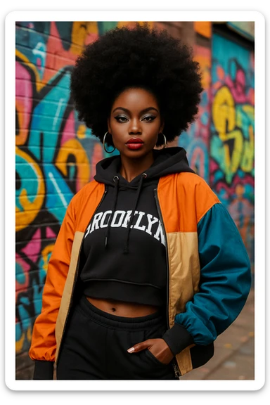 black barbie doll, trendy streetwear, afro hairstyle, bold makeup, stylish attitude sticker