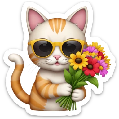 cat wearing sunglasses holding a bouquet of flowers sticker