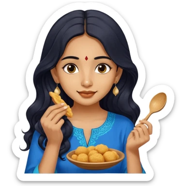 a pretty tan indian bratz girl with wavy long BLACK hair. eyeliner on, wearing a blue kurti, eating golgappa (without spoon) sticker