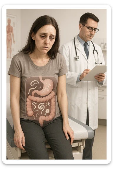 a woman in her 30s sits slumped on a doctor’s examination table, her face pale and eyes sunken with deep fatigue. A transparent overlay on her abdomen reveals stylized images of internal parasites, such as worms or protozoa, inside her digestive tract. The doctor stands nearby, reviewing medical charts. The mood is clinical and educational. sticker