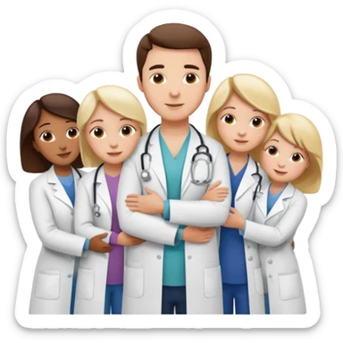 smedico abraçando varios pacientes, ele usando jaleco, e os pacientes usando roupas comuns sticker