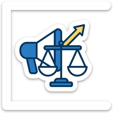 simple professional icon for advocacy consulting firm, combining megaphone and scales of justice, gold accent arrow rising upward, navy blue white gold color palette sticker