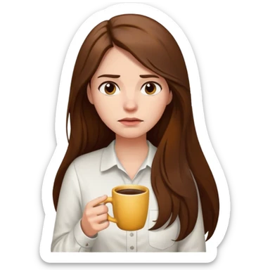 create a woman long hair brown, holding her cup of coffee looking exausted  sticker