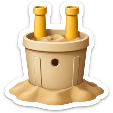 Bucket-shaped sand castle, made with an upside-down pail mold sticker