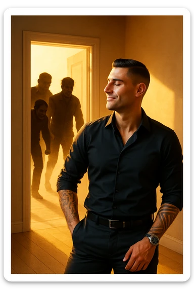 a man stands confidently in a sunlit room, facing away from a group of dark, shadowy figures with harsh or angry expressions who are walking out the door. The man’s posture is upright and relaxed, his face calm and relieved. Warm light fills the space, symbolizing his newfound peace and positivity. sticker