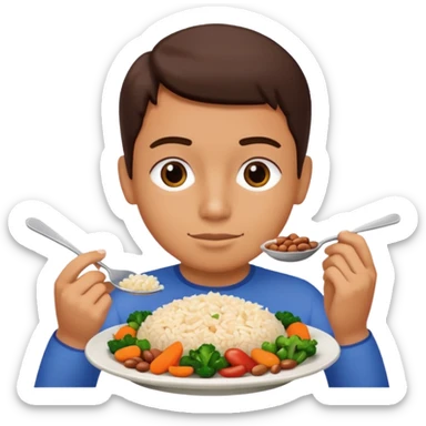 Create a person having lunch. Not a sandwich. Rice, beans, vegetables and chicken. sticker