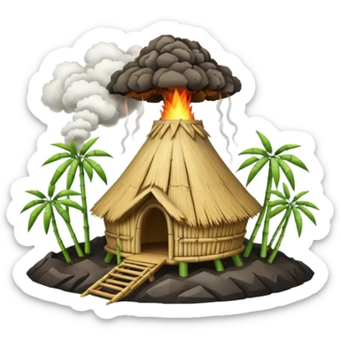 bamboo hut with volcano in the back in Volcano Island  sticker