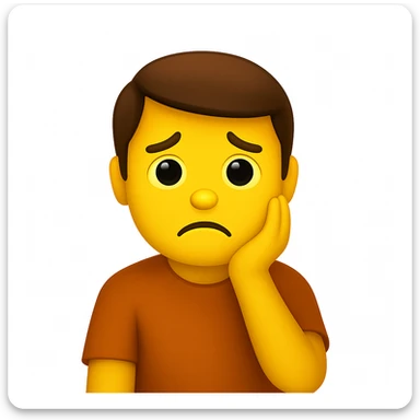 Create a sad person emoji in apple emoji style, looking disappointed because they don't have a website for their business. Match the pose, colors, and expression of the first person emoji in the reference image. No text or discount badge. The style should resemble apple emojis. sticker