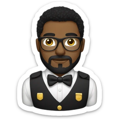 black soldier with beard, part in black hair, white collared shirt, bow tie, gold frame glasses, bulletproof vest  sticker