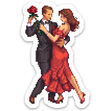 pixel art emoji of a couple dancing tango, man in black suit with red rose, woman in flowing red dress, one leg extended, close embrace, expressive, classic tango style, vibrant colors sticker