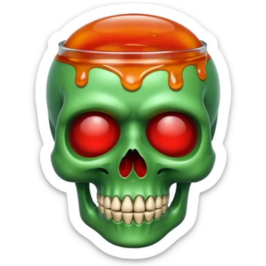 A green skull with red marmalade sticker