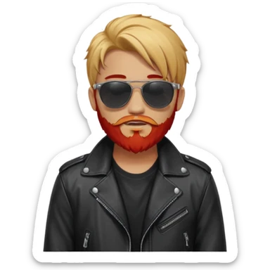generate an ios genmoji of a 20 year old tan boy with black sunglasse Wearing a leather jacket. Has a dyed blonde beard and veryyyyy long red sticker