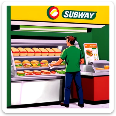 Man working at a subway making a sandwich in front of customer behind a counter  sticker