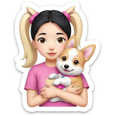 A Chinese girl with a black ponytail  hugs a white corgi wear on her pink t-shirt sticker