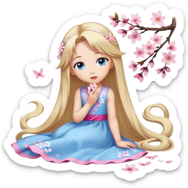 Girl with long blond hair and sakura accessories on her hair with a long tailed sakura dress on the ground and have blue eyes beautiful finish and she sending lovely kisses  sticker
