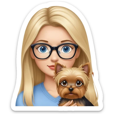 Photo Realistic Blonde balayage long hair women with blue eyes wearing glasses holding a Yorkshire terrier  sticker