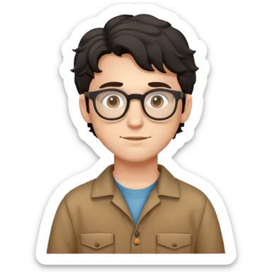 Young caucasian man with black wavy hair, round glasses, wearing brown carpenter outfit with shirt underneath sticker