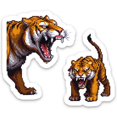 saber-toothed tiger with a miniature body and massive 8-inch-long canine teeth, extremely exaggerated fangs extending far from tiny head sticker