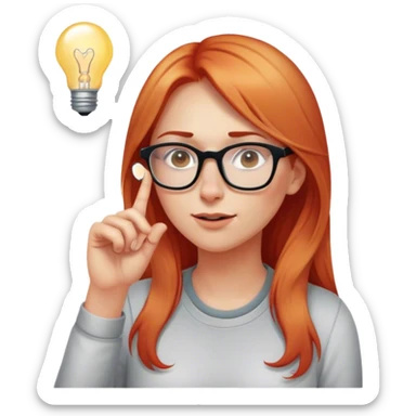 intelligent and clever, 30 year old, girl, long red and almost blond hair, glasses, has an idea, rubs her finger on the nose, light bulb over the head, casual cloth  sticker