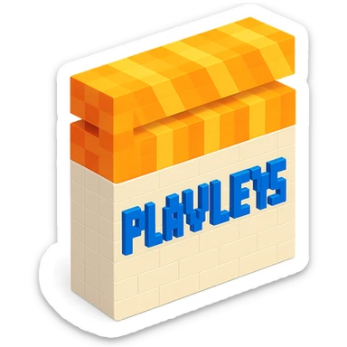 voxel style movie clapperboard with the text 'PLAVLEYS', orange lid, white body, isometric view sticker