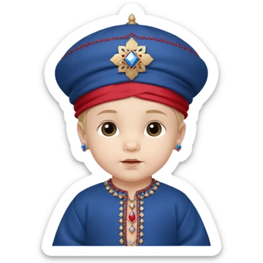  Caucasian baby boy dressed in a dark blue ghalibiya with delicate decorations with a Red Moracain hat  sticker