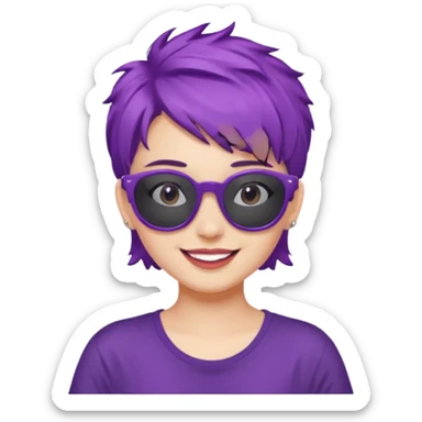 girl with short messy purple hair and sunglasses above head sticker