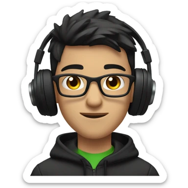 A young man with short dark hair, glasses, and black headphones. He's wearing a dark hoodie and has a focused expression. The background has a frosty white blur effect, with a green plant visible behind him. sticker