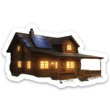 Skywalker Cabin is a clean Very big Wood Cabin near tree on the mountain in the background. The cabin is 5 stories tall with extensive solar arrays on top. The cabin sits on thick grass fields. porch lights on ,guests on porch smoking ,flowers and bushes  sticker