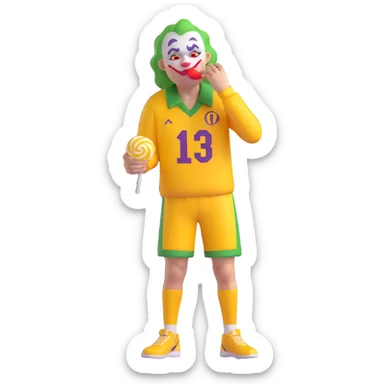 very ugly joker in a yellow sports jersey, with tears streaming down his face, holding and eating a lollipop sticker