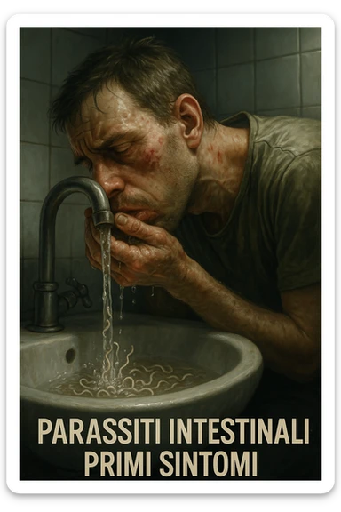 vertical realistic cinematic illustration of a man drinking water from a faucet, water visibly containing intestinal parasites, early symptoms of illness visible, clinical atmosphere with dramatic lighting, Italian captions, aspect ratio 2:3 sticker