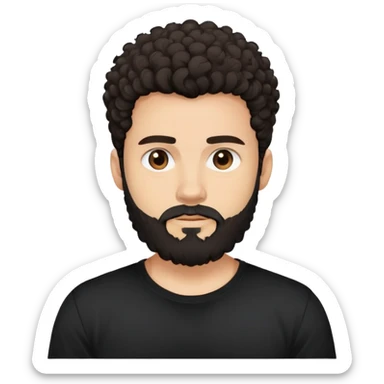 young man with light skin, thick curly dark hair, full beard, neutral expression, plain black t-shirt, front-facing, minimalistic, simplified features, clean lines, flat design sticker