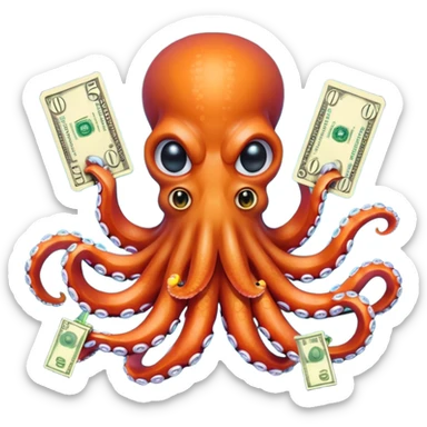 Intimidating octopus with pearl black skin, neon suction cups. Evil glaring eyes. Wearing a thick gold chain. 2 tentacles are holding their own cellphone, 2 more tentacles are holding stacks of money. sticker