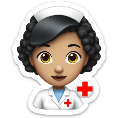 very short black straight hair female nurse with red cross sign hat wearing dress sticker