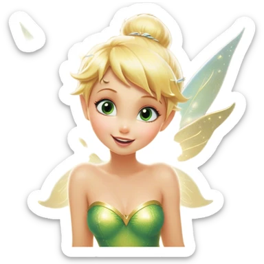 Cinematic Realistic Blonde Tinker Bell Fairy Portrait, head tilted dramatically with an exaggeratedly amused expression, featuring a striking, lively pixie form with radiant golden blonde hair and luminous, iridescent wings dusted with playful sparkles. Her expressive eyes brim with cheeky mischief, rendered with vibrant, lifelike textures and dynamic natural lighting that imbues the scene with an air of magical whimsy and over‐the‐top fairy fun. sticker