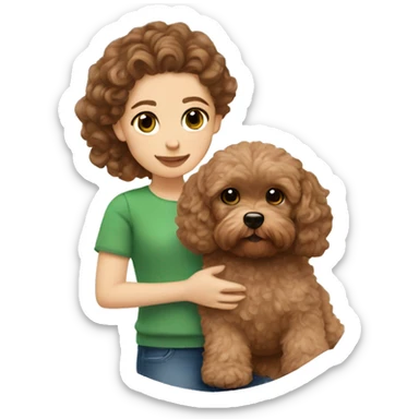 A girl with green eyes and brown hair is holding a brown Maltipoo puppy with curls on its coat sticker