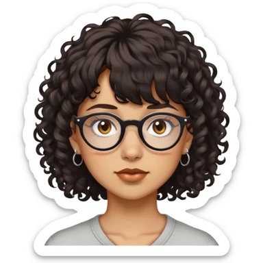 Light tan skin, woman/non-binary, piercings, deep brown eyes, curly very dark brown neck length hair with bangs. Glasses. Alternative.   sticker