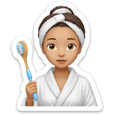 lightskin Women wearing shower robe and their hair with towel holding one brush sticker