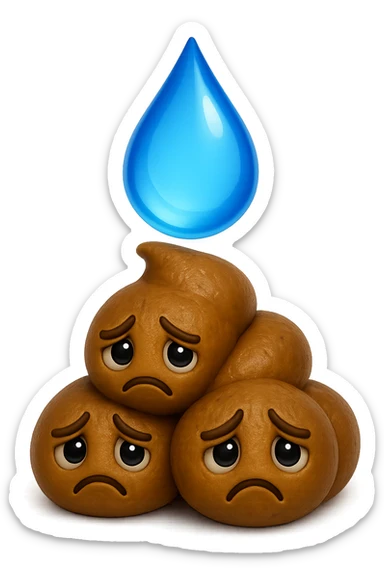 emoji stile iphone di una montagnetta di feci umane realistiche a palline tristi con sopra un simbolo delle gocce di acqua, iperrealistico 4k sticker