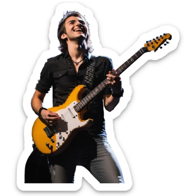 Rockstar musician with a confident smile looking up, electric guitar, stage lights, performing sticker
