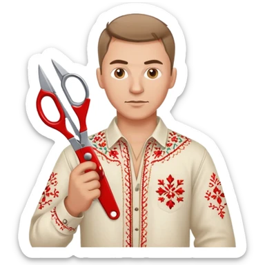 Ukrainian man in traditional vyshyvanka embroidered shirt holding red scissors in one hand and a spanner in the other hand sticker