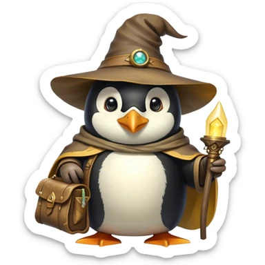 A wizard-explorer penguin inspired by Indiana Jones, wearing a weathered yellow enchanted hat and a flowing cape. It carries a leather satchel with ancient scrolls and holds a glowing magical relic. Cartoon-style, smooth shading, highly detailed, no background sticker
