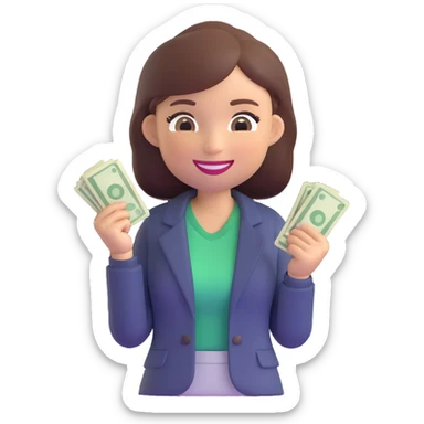 memoji of a beautiful, successful girl, tired but happy, smiling with subtle fatigue, in a T-shirt and blazer, holding a wad of cash sticker